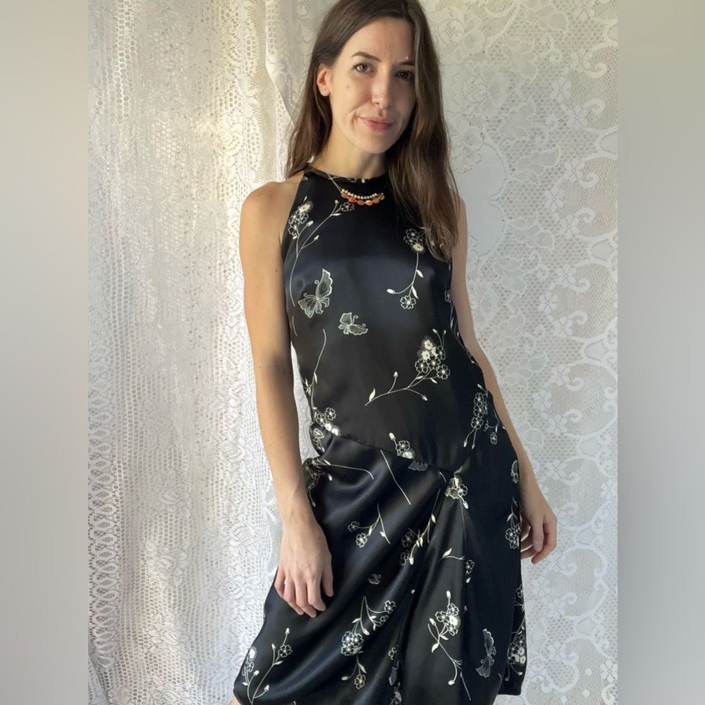 Vintage 90s Black Floral Butterfly High Neck Midi Dress